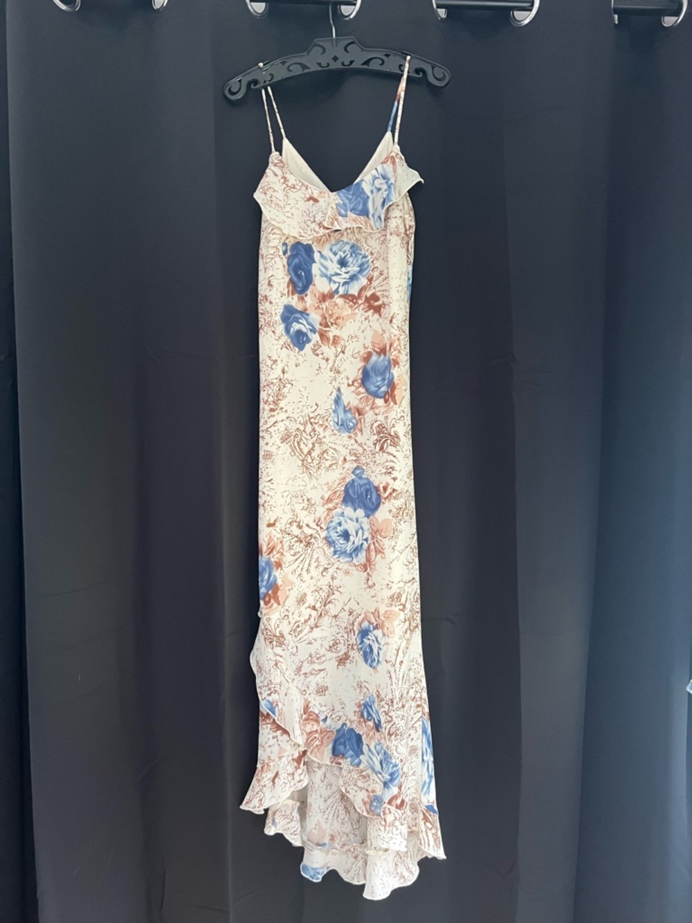 Floral Ruffle-Trim Slip Maxi Dress in Cream and Blue